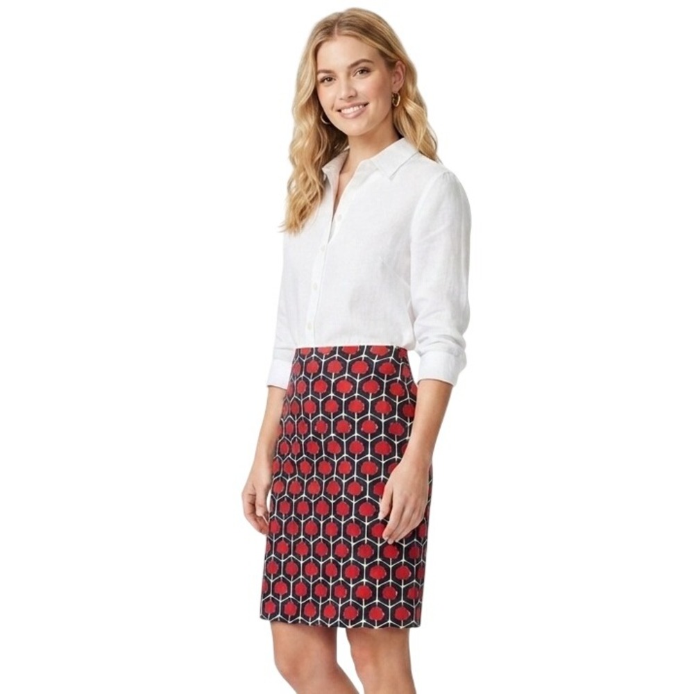 Doncaster Pencil Skirt Womens 4 Red Navy Geometric Cotton Blend Stretch